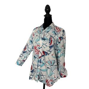 Chaps Womens L Button Up Shirt Nautical Preppy Umbrella Print Gingham Plaid Cuff